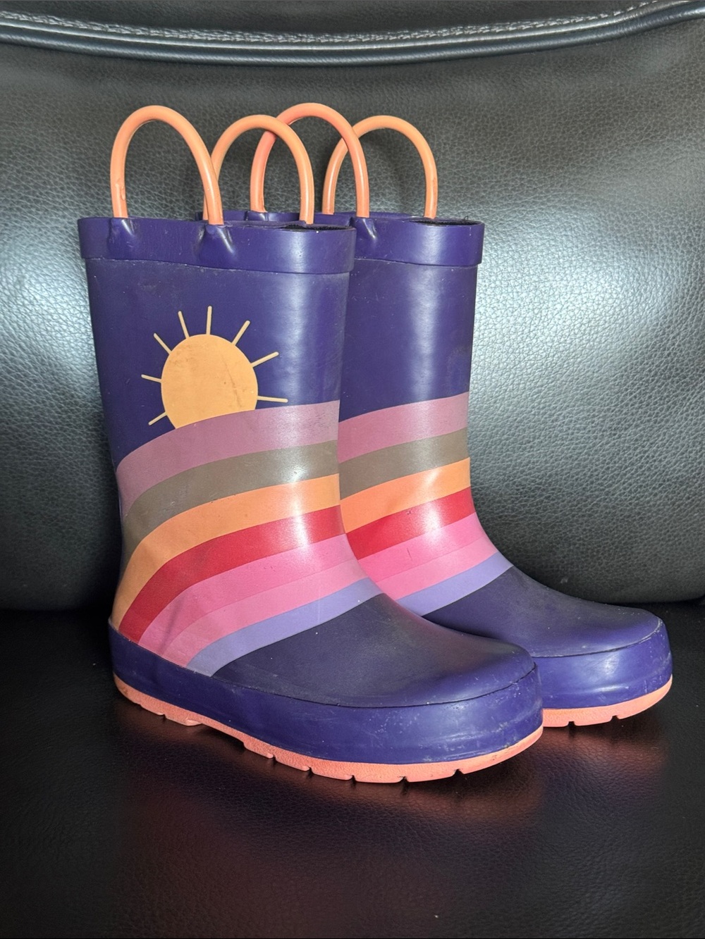Kids Purple Rainbow Sun Rubber Rain Boots